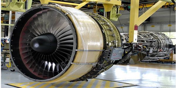 Aircraft engine in a maintenance hangar