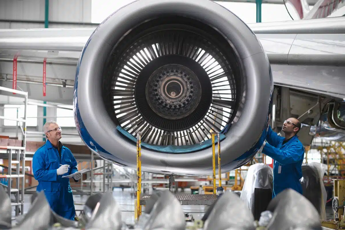 Technicians inspecting an aircraft engine